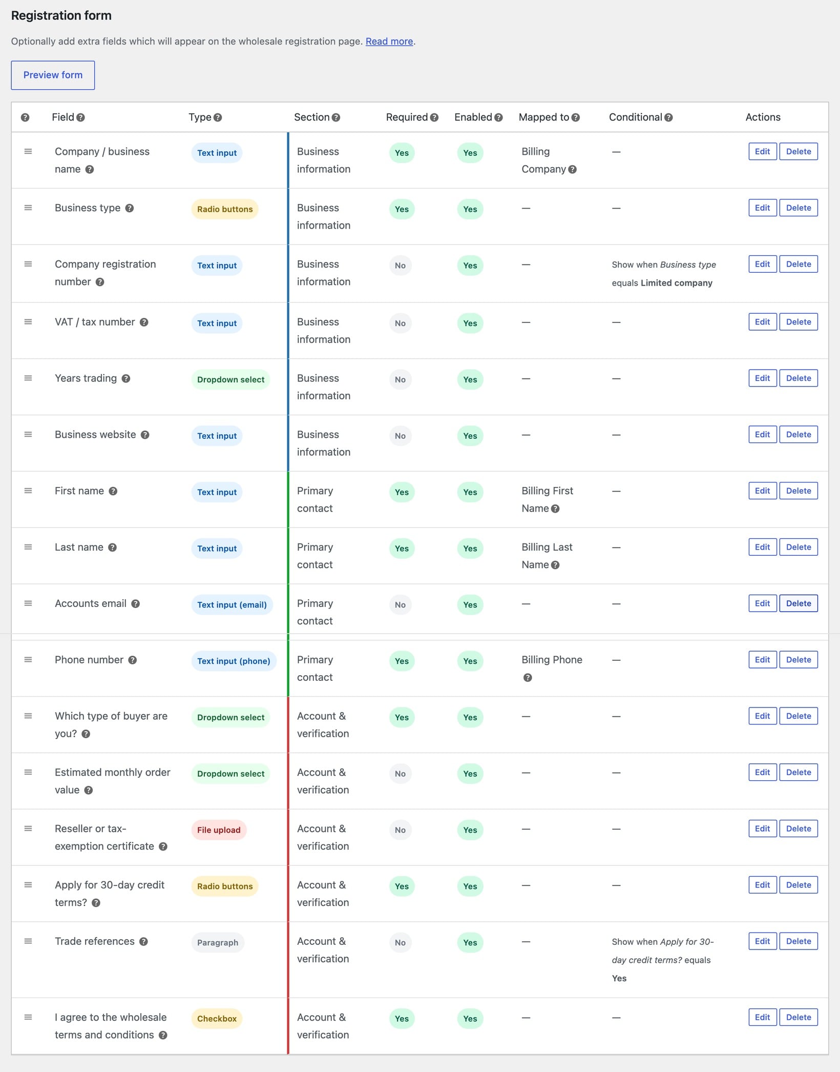 Wholesale Pro 2.5 registration form builder listing field types sections mappings and conditional rules