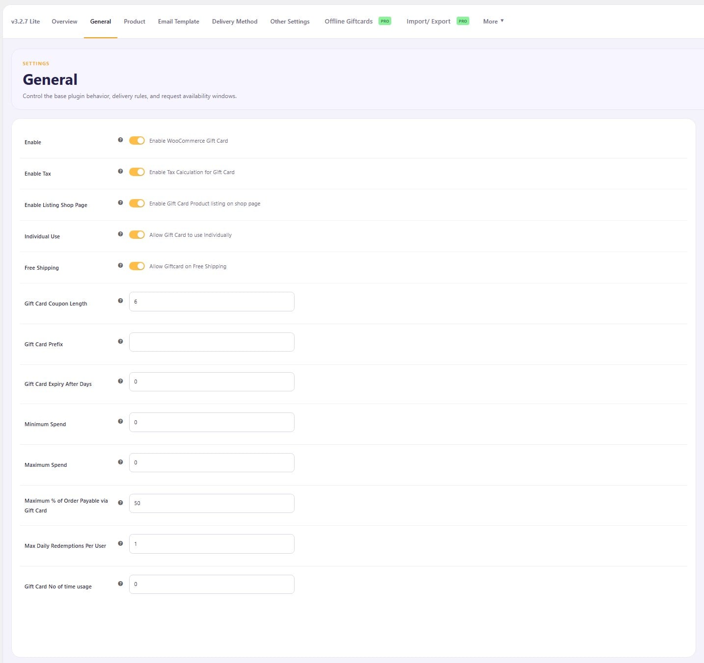 Ultimate Gift Cards for WooCommerce general settings panel