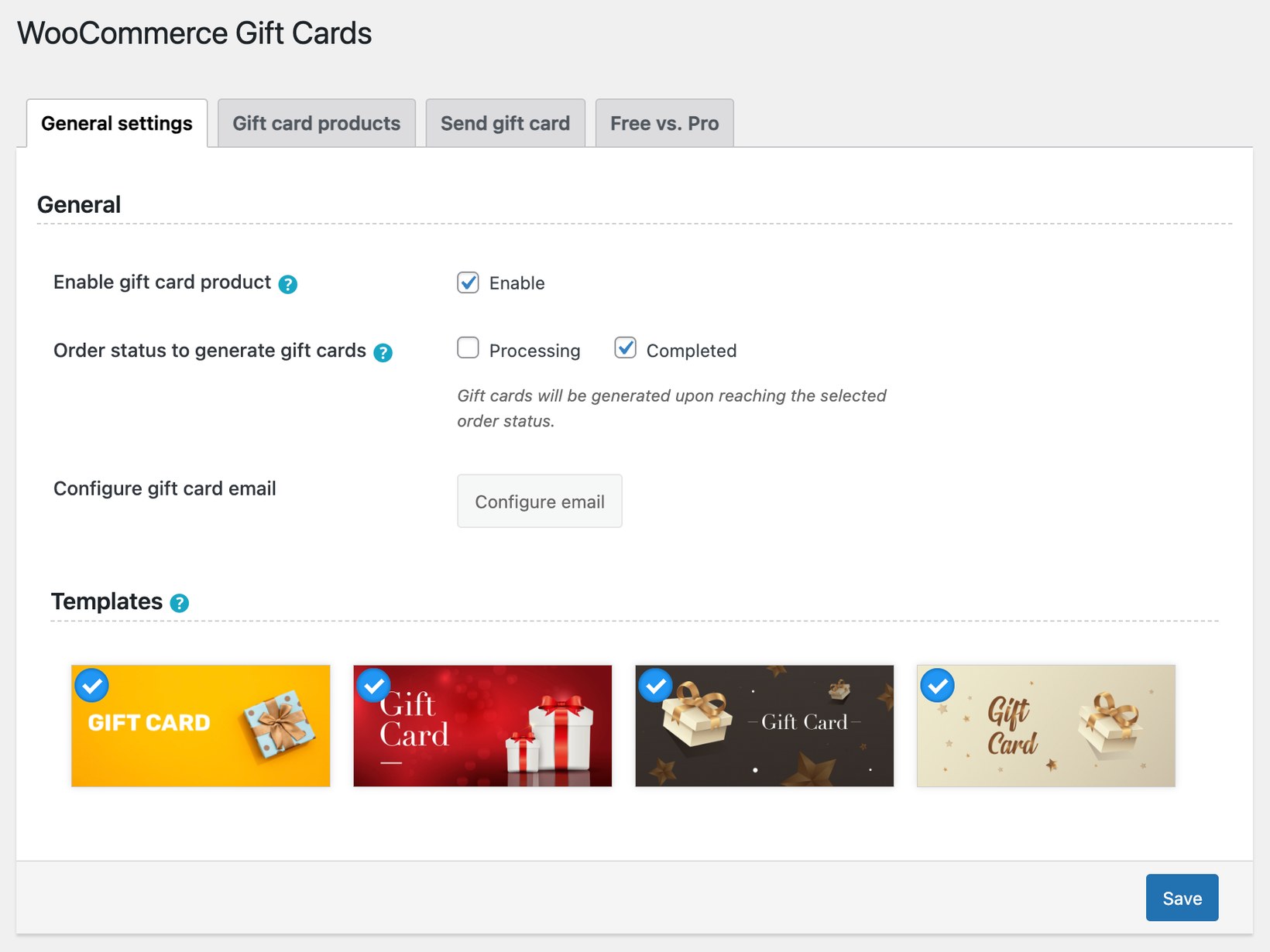 WebToffee WooCommerce Gift Cards settings with gift card templates