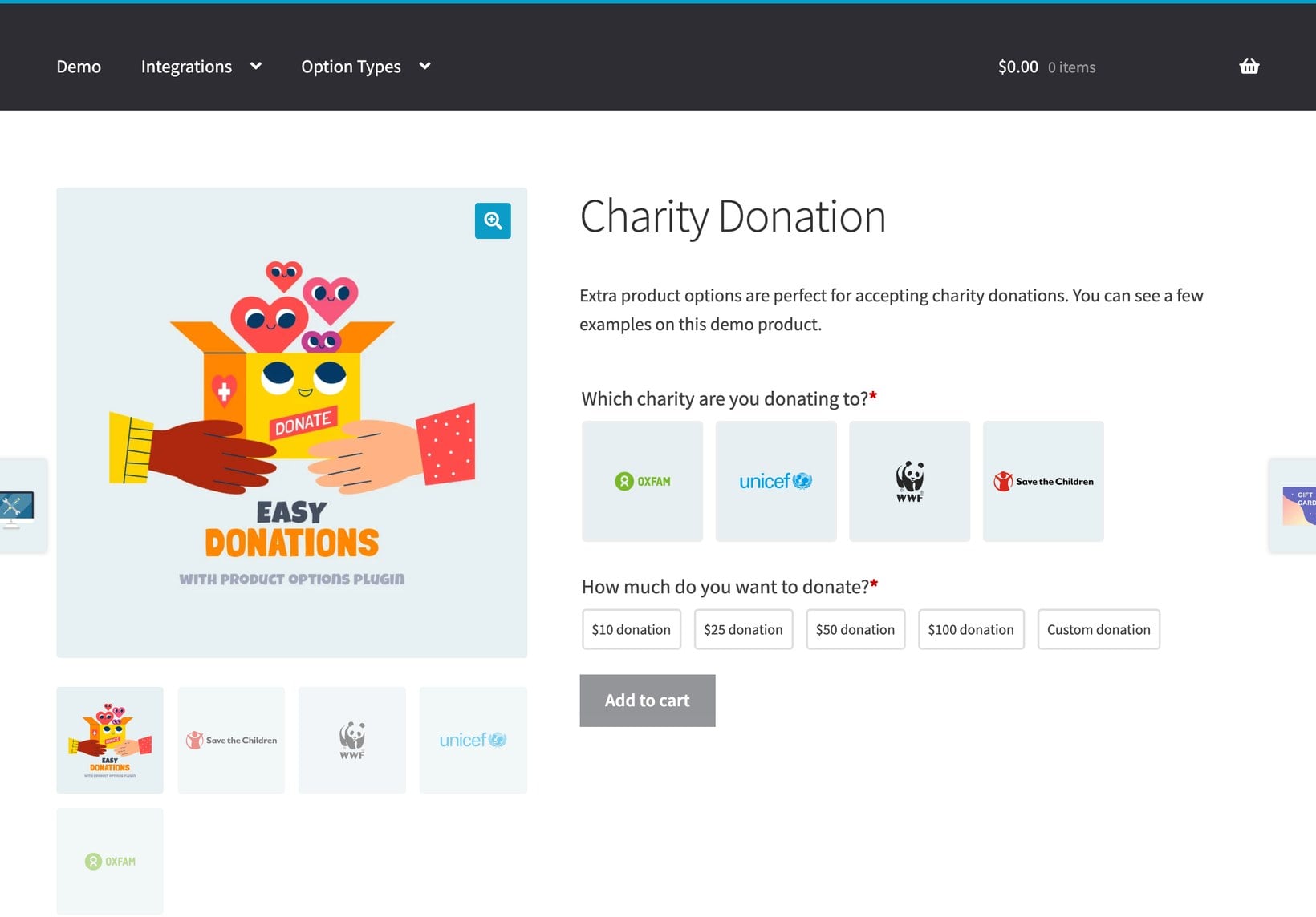Charity donation form built with WooCommerce Product Options showing charity choice and donation amounts