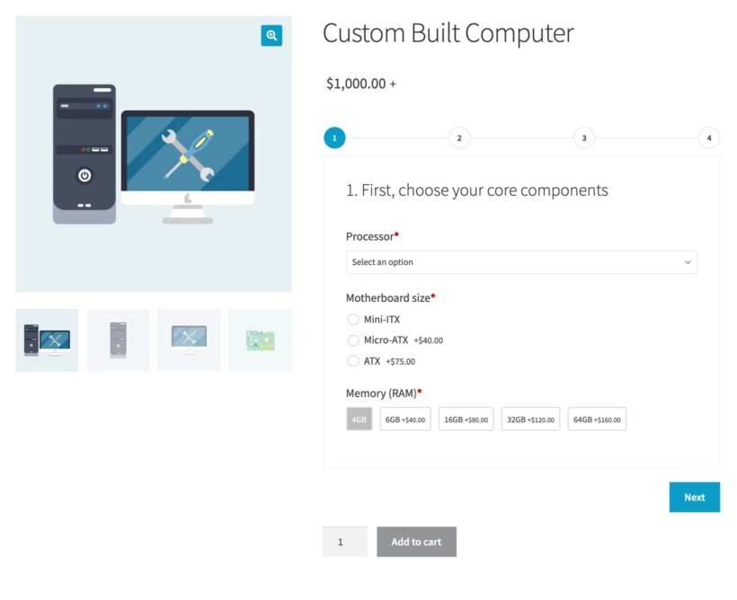 WooCommerce configurable products shown as a numbered step-by-step configurator