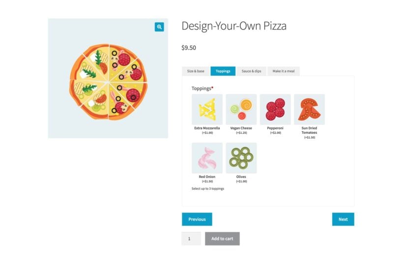 WooCommerce pizza builder with topping image options shown in a tabbed layout