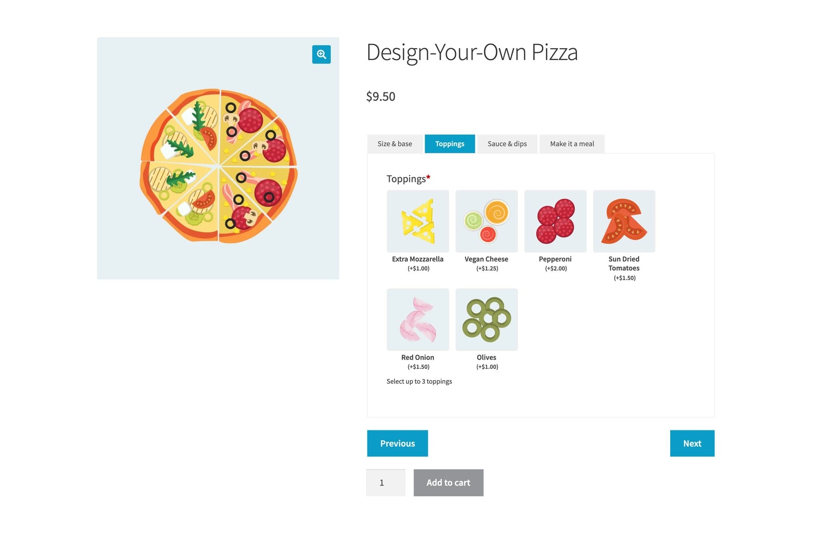 Front-end WooCommerce product add-ons on a design-your-own pizza page with tabbed topping options