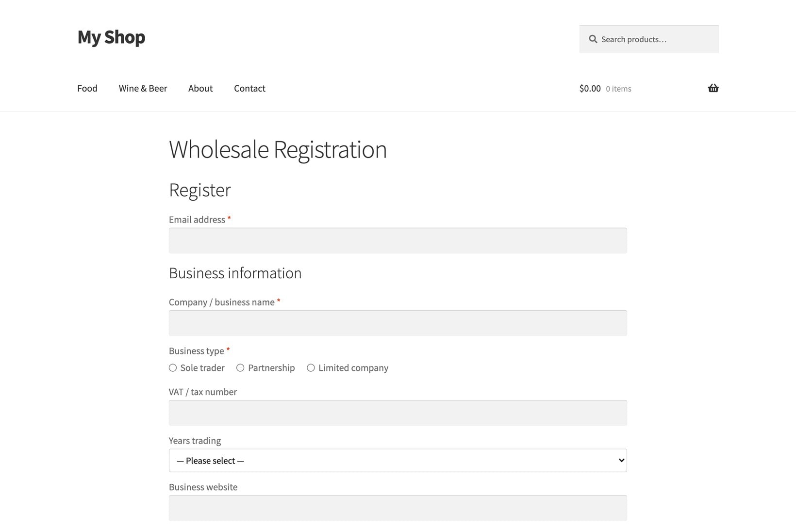 Custom wholesale registration form on a WooCommerce storefront with grouped business fields