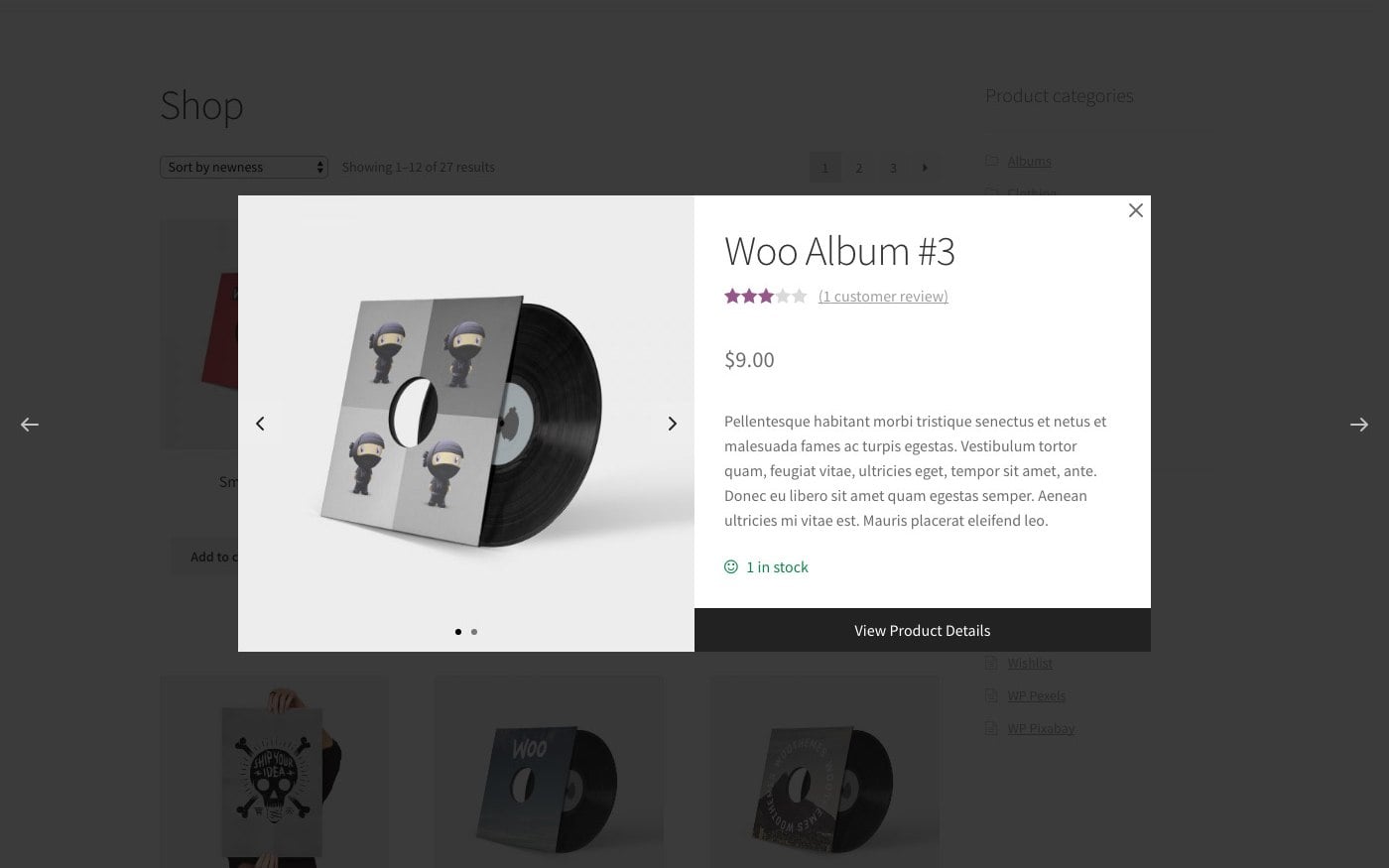 WPC Smart Quick View popup showing a vinyl record product with gallery thumbnails