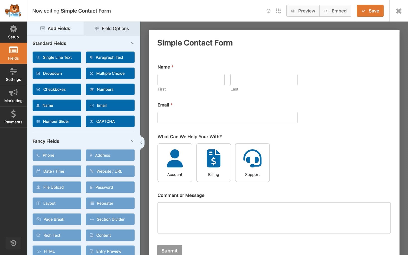 WPForms form builder used to create a WordPress donation form