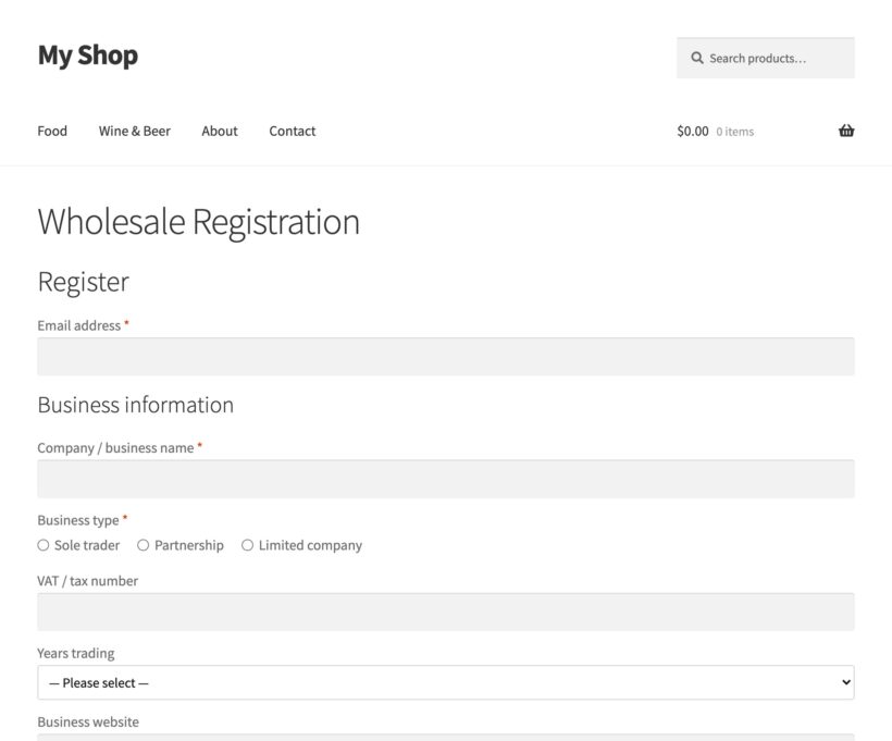 WooCommerce wholesale registration form with custom fields