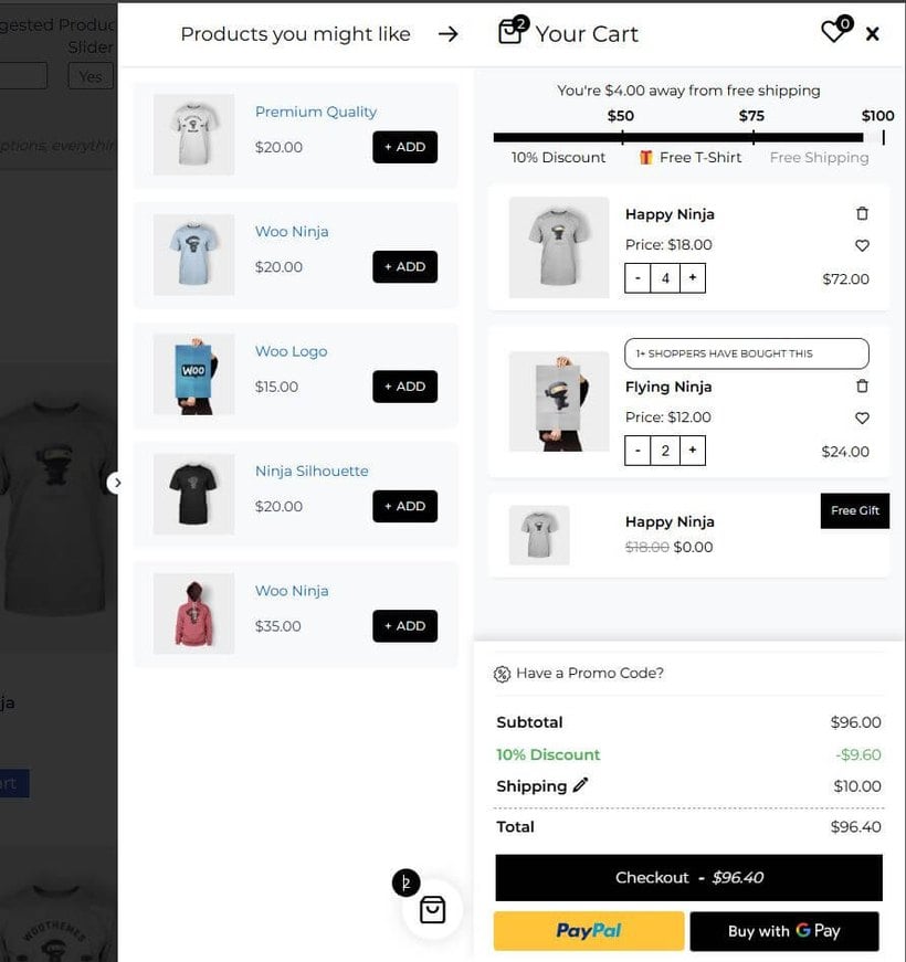 Side Cart WooCommerce drawer by XootiX showing cross-sell products and a free-shipping progress bar