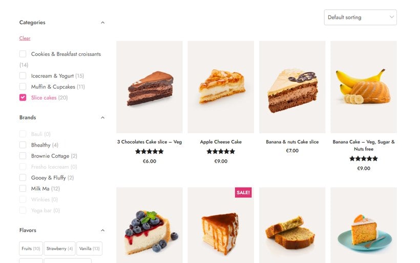 YITH AJAX Product Filter on a cake shop with category, brand and flavor filters in the sidebar