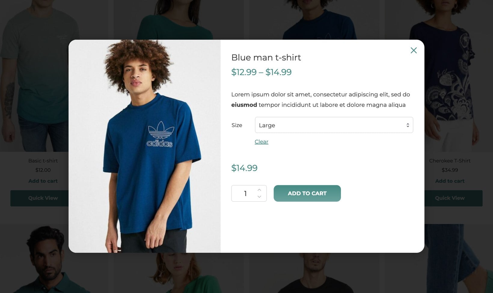 YITH WooCommerce Quick View popup showing a t-shirt with size options