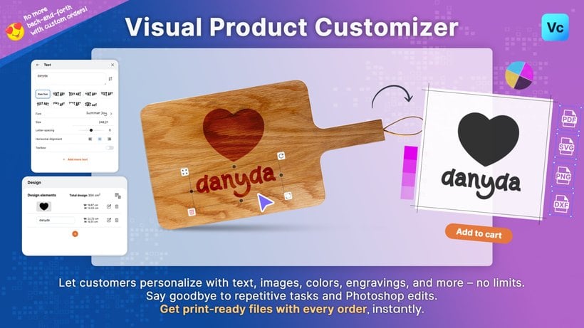 Zakeke visual product designer customizing an engraved board with print-ready file output