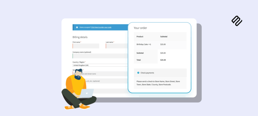 Illustrated graphic of a person at a laptop with a WooCommerce checkout form, representing checkout conversion rate optimisation