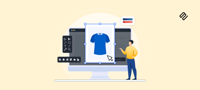 Illustrated graphic of a person beside a monitor with a t-shirt product being resized, representing WooCommerce product image size management