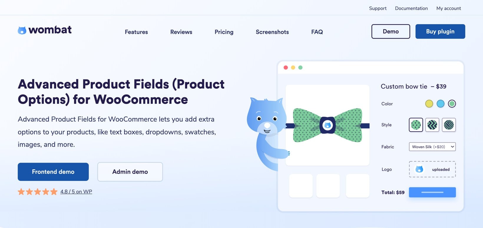 Advanced Product Fields WooCommerce product add-ons plugin homepage with a bow tie configurator