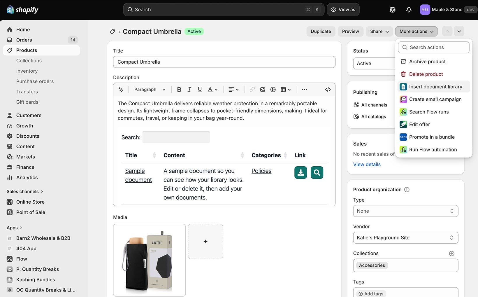 Document library for Shopify added to a product using the Insert document library action in the Shopify admin