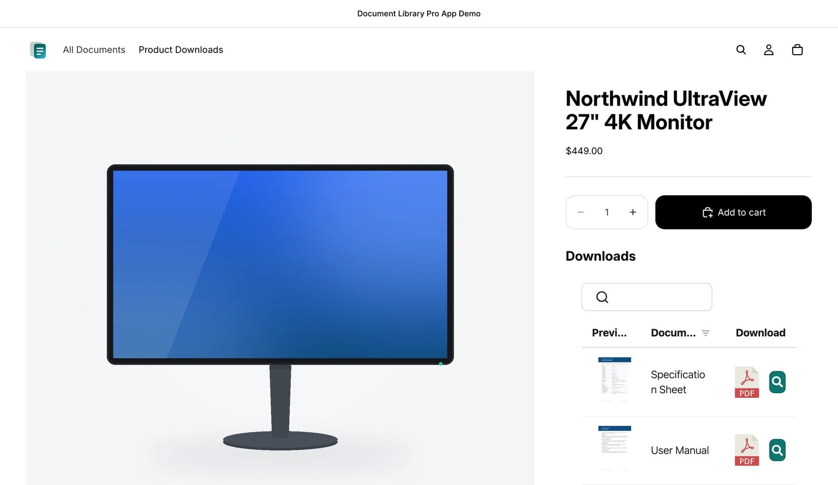 Per-product document library on a Shopify product page showing the monitor's downloads with previews and PDF links