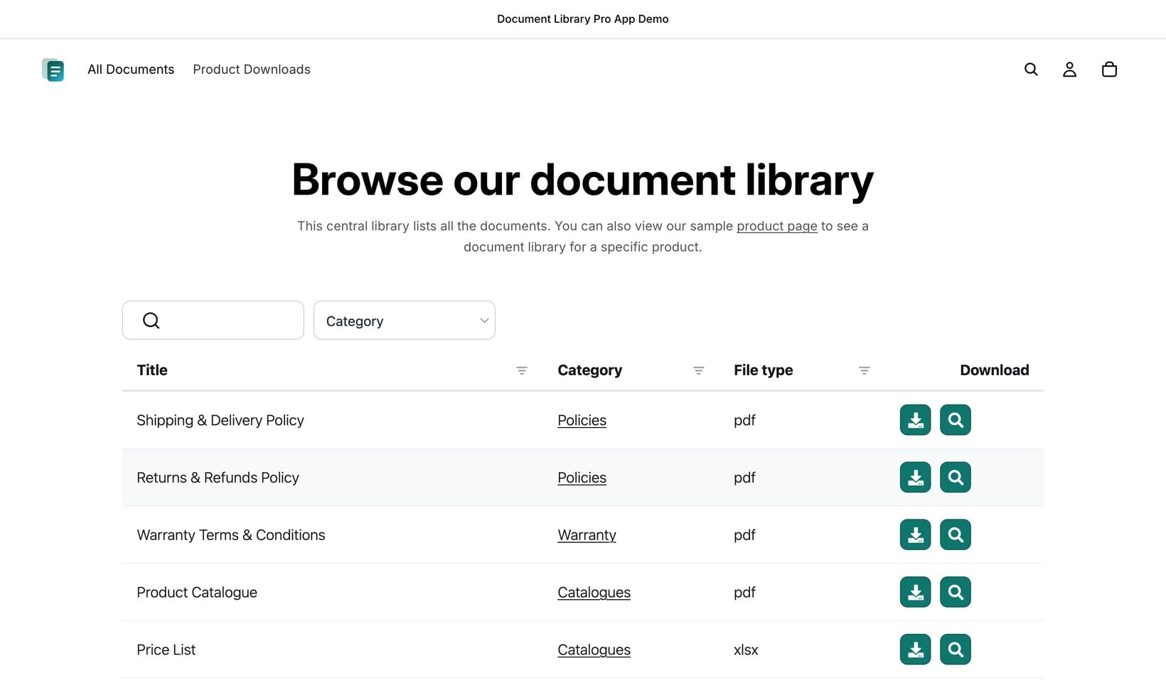 Central document library on a Shopify store with search, category filter and downloadable product files
