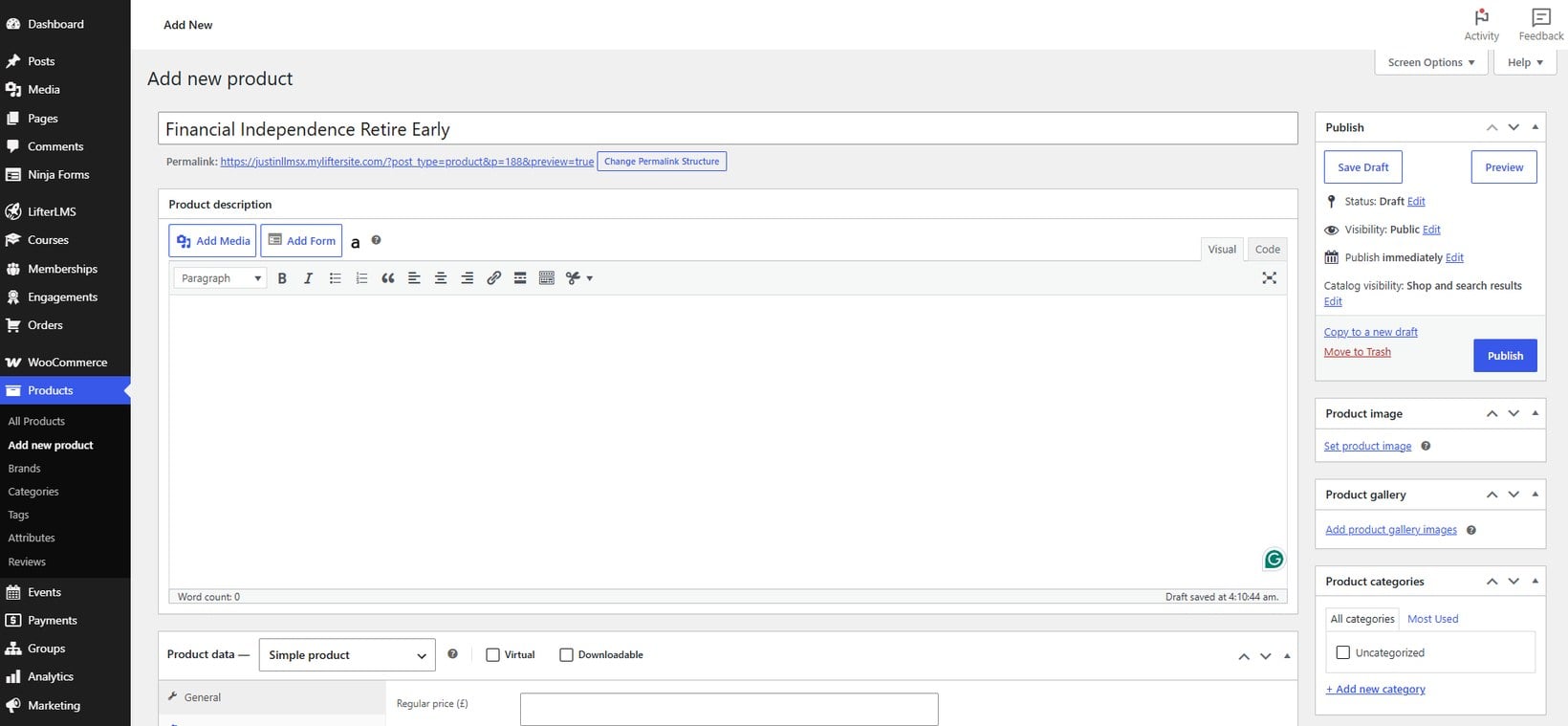 Creating a WooCommerce product for a LifterLMS course in the WordPress admin