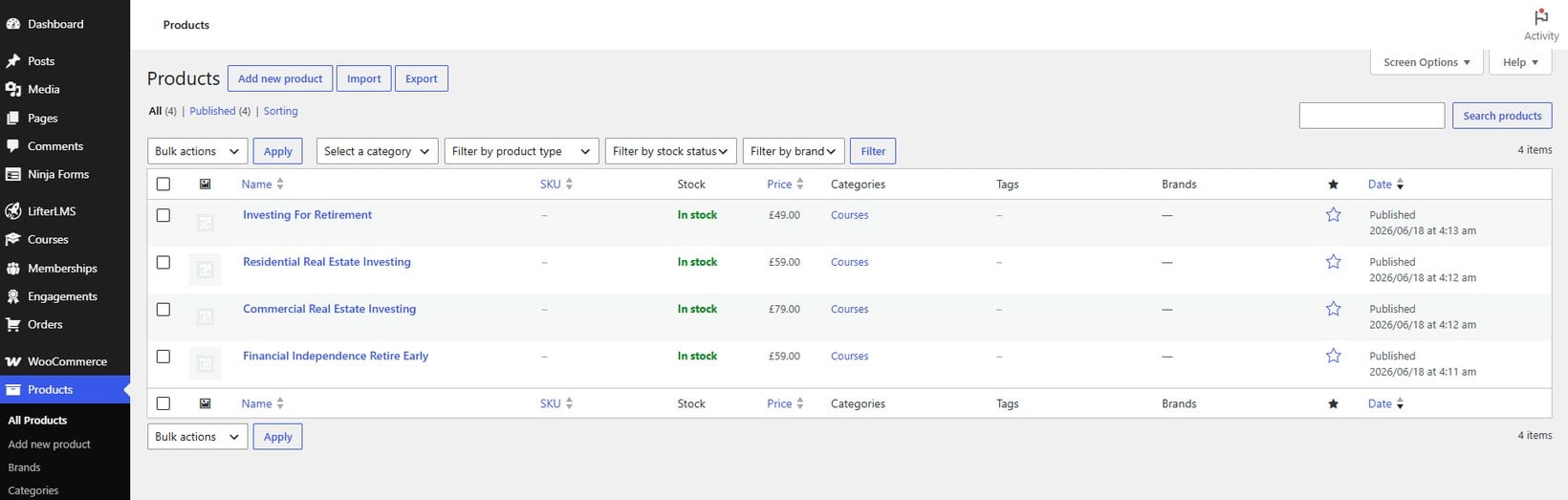 Courses listed as WooCommerce products, ready to sell through a WooCommerce LMS