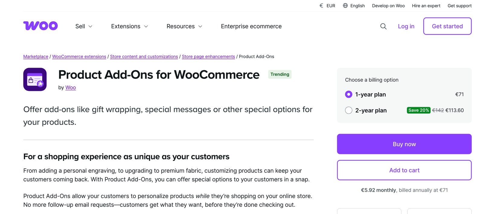 WooCommerce product add-ons on the official Product Add-Ons extension page at WooCommerce.com