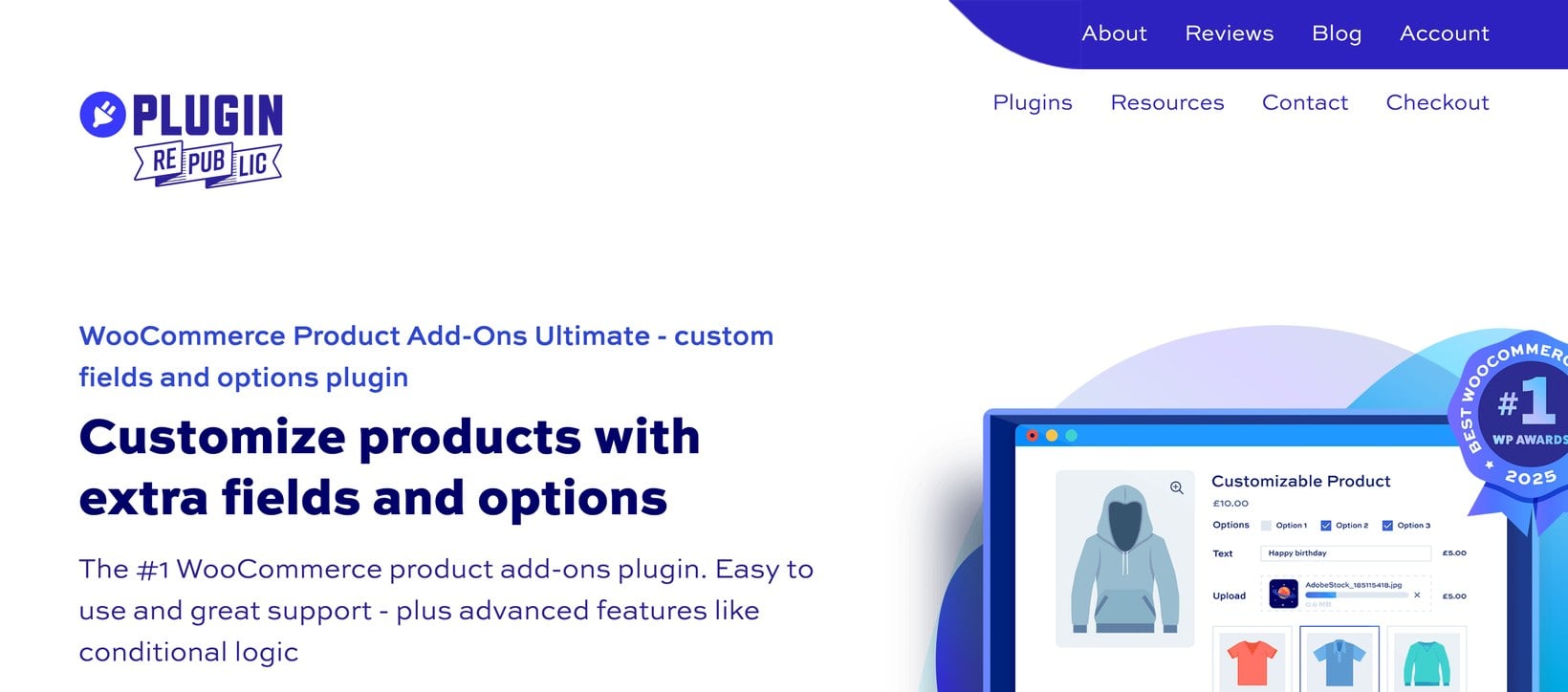 WooCommerce Product Add-Ons Ultimate homepage showing a customizable product with extra fields