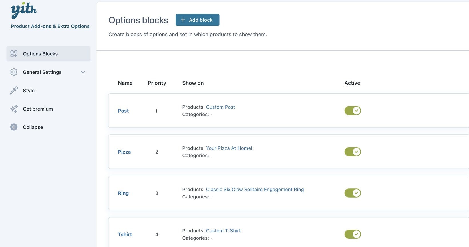 YITH WooCommerce product add-ons admin screen showing option blocks