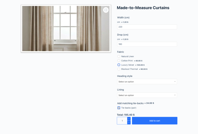 Made-to-measure curtains configurator in WooCommerce showing width, drop, fabric, heading style and lining options