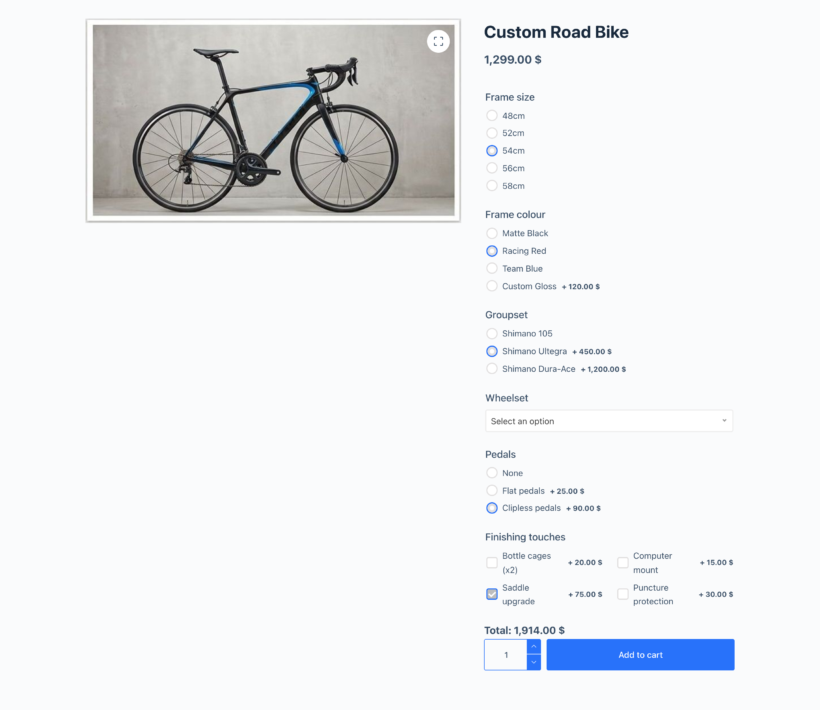 Custom bike configurator created with WooCommerce Product Options, with frame size, color, groupset and wheelset options