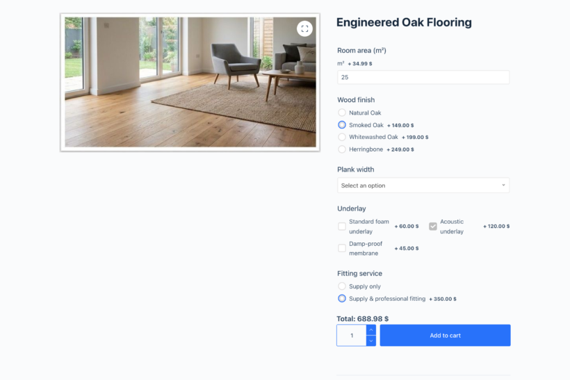 Custom flooring configurator built with WooCommerce Product Options, with room area, wood finish, plank width and underlay options