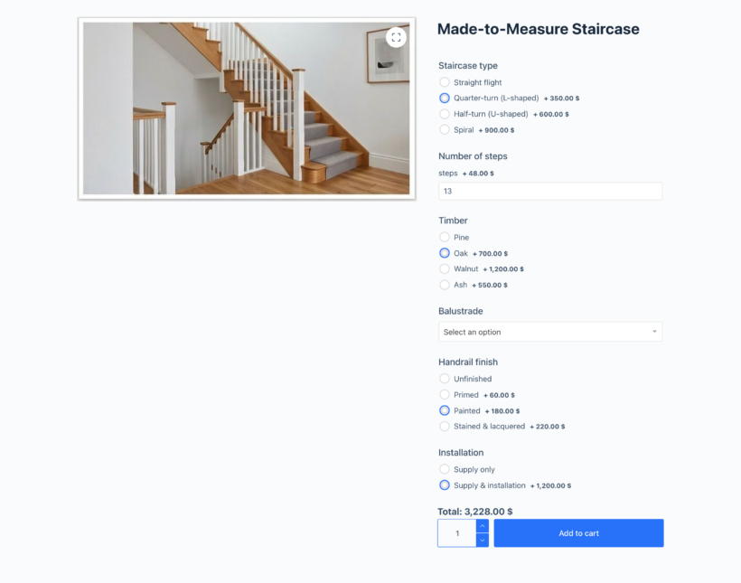 Custom staircase configurator in WooCommerce with staircase type, number of steps, timber, balustrade and installation options