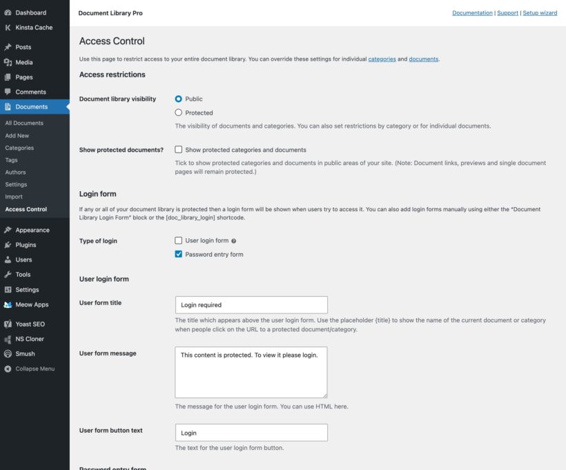 Access control page with public and protected options plus login form fields