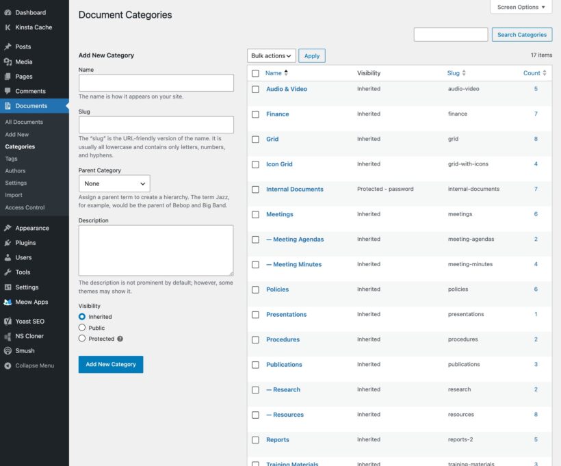 Document categories page with a hierarchical category list and an add category form