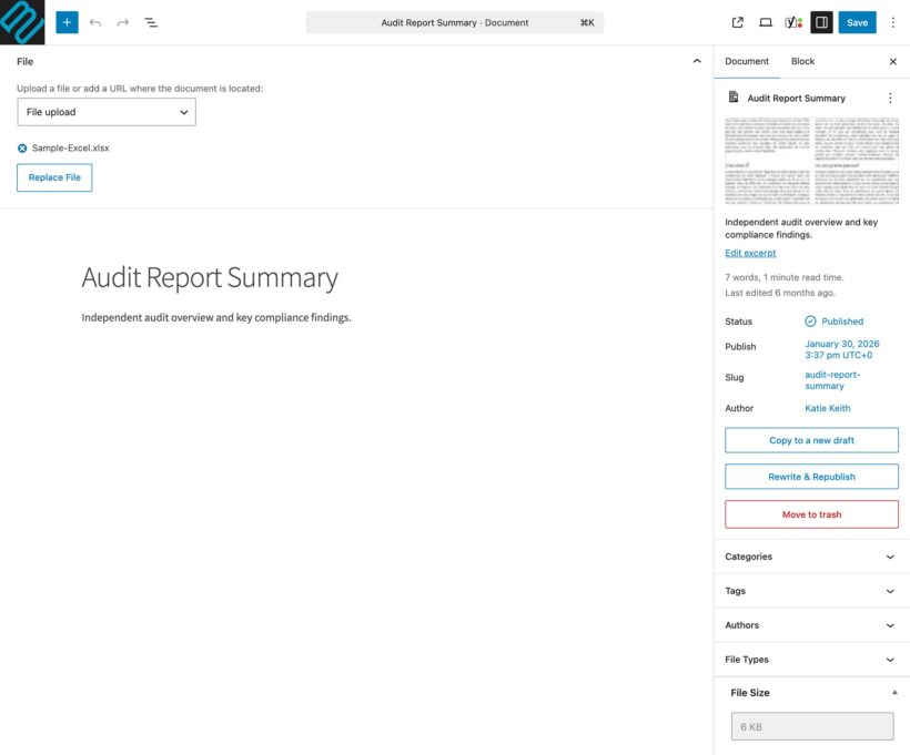 Block editor for a document, with a file upload panel and excerpt field in the sidebar