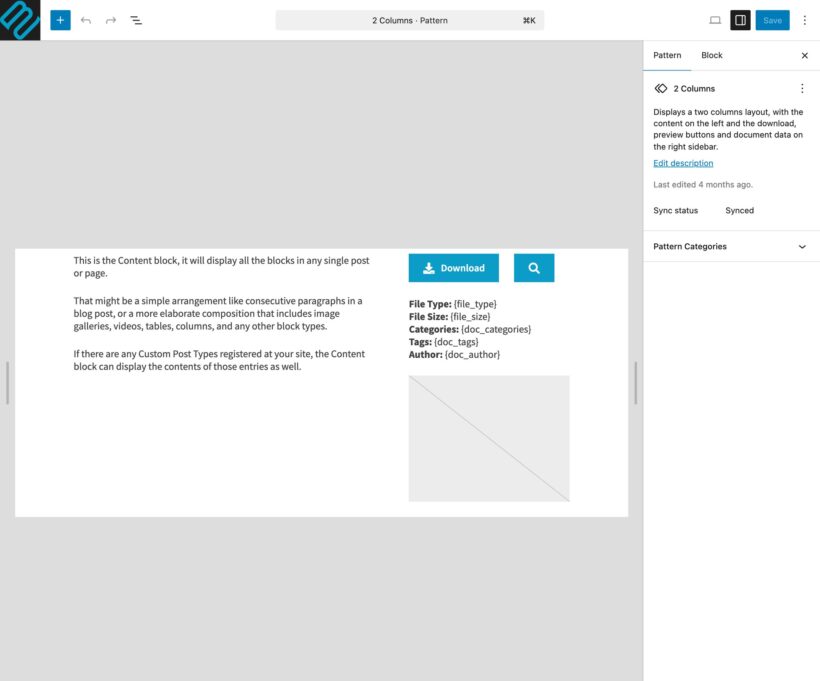 WordPress block editor showing a two column document page, buttons, metadata placeholders and a synced pattern sidebar