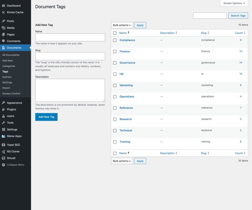 Document tags page with a tag list and an add tag form
