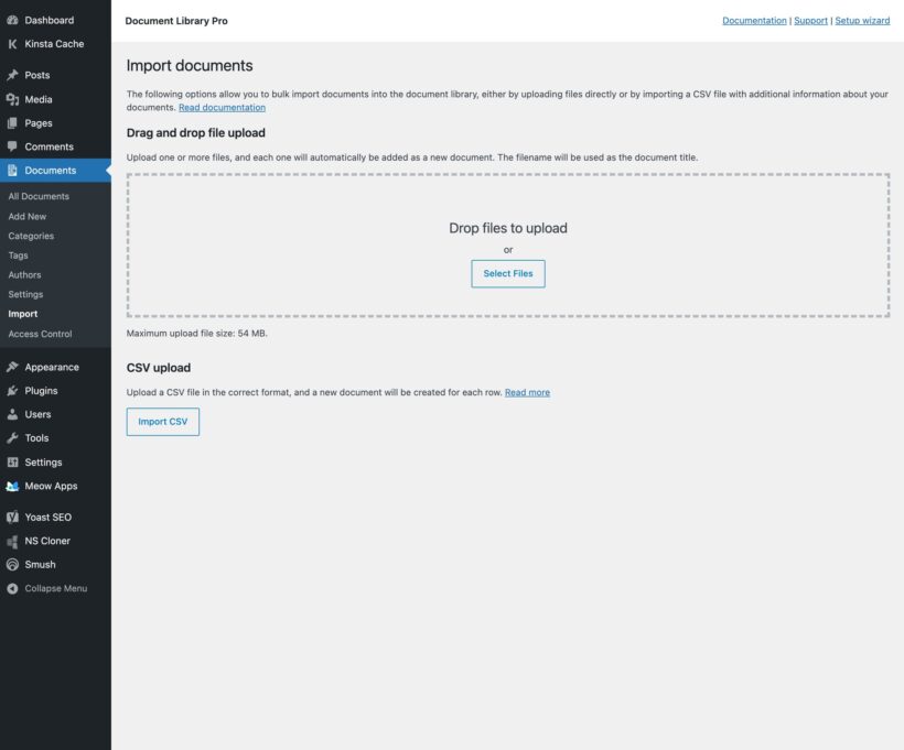 Import page with a drag and drop upload area and a button to import a CSV file