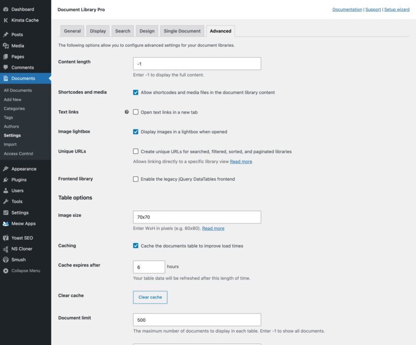 Settings page with lightbox, unique URLs, legacy frontend, image size, and caching fields