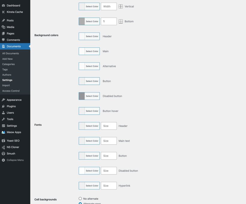 Settings page with color pickers for headers and buttons, plus font color and size fields