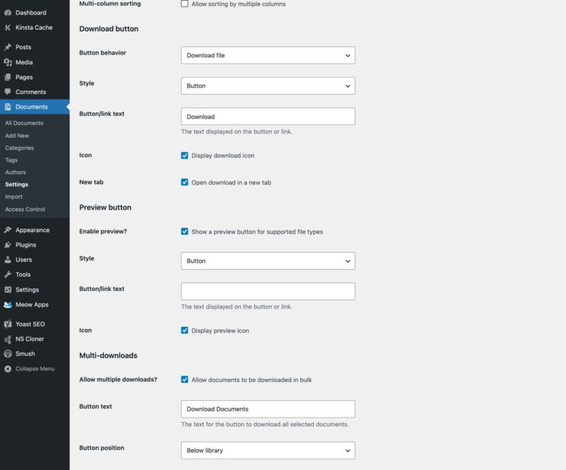 Settings page with download button style and text, preview button, and bulk download options