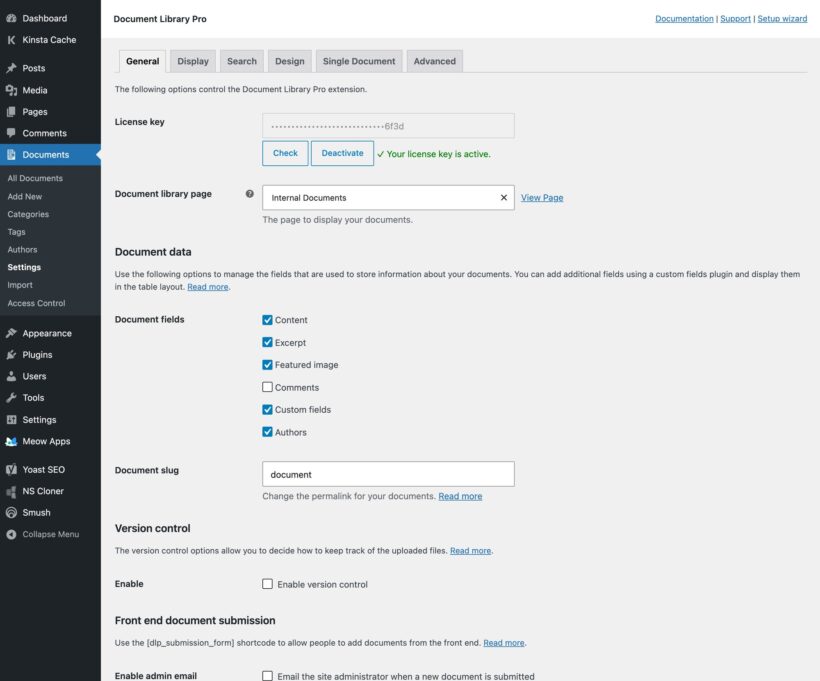 Settings page with license key field, library page selector, document fields and document slug