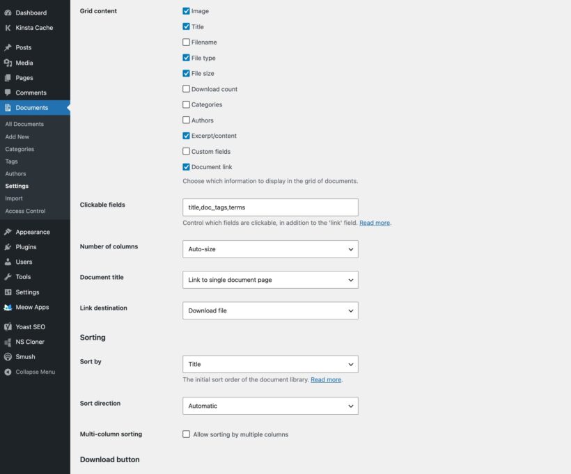 Settings page with grid card content, clickable fields, column count, and sorting options