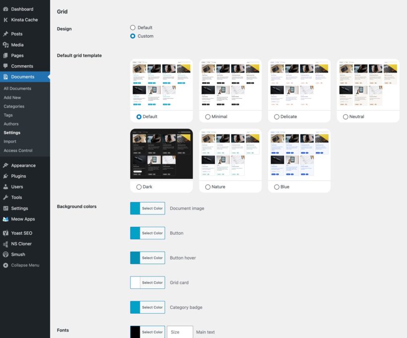 Settings page with seven grid design template thumbnails and grid color picker options
