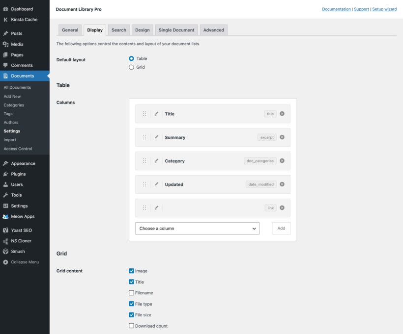 Settings page with table or grid layout choices and a draggable list of table columns