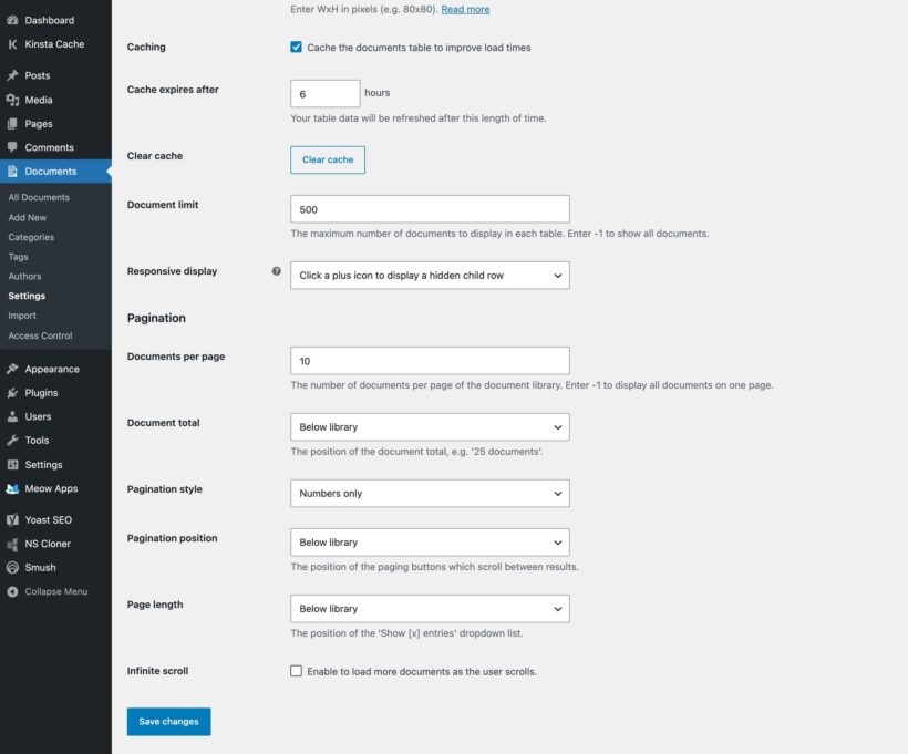 Settings page with documents per page, pagination, page length, and infinite scroll options