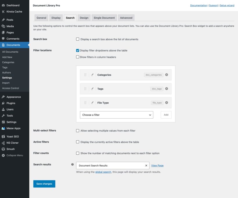 Settings page with search box, filter location, multi select filters, and filter count options