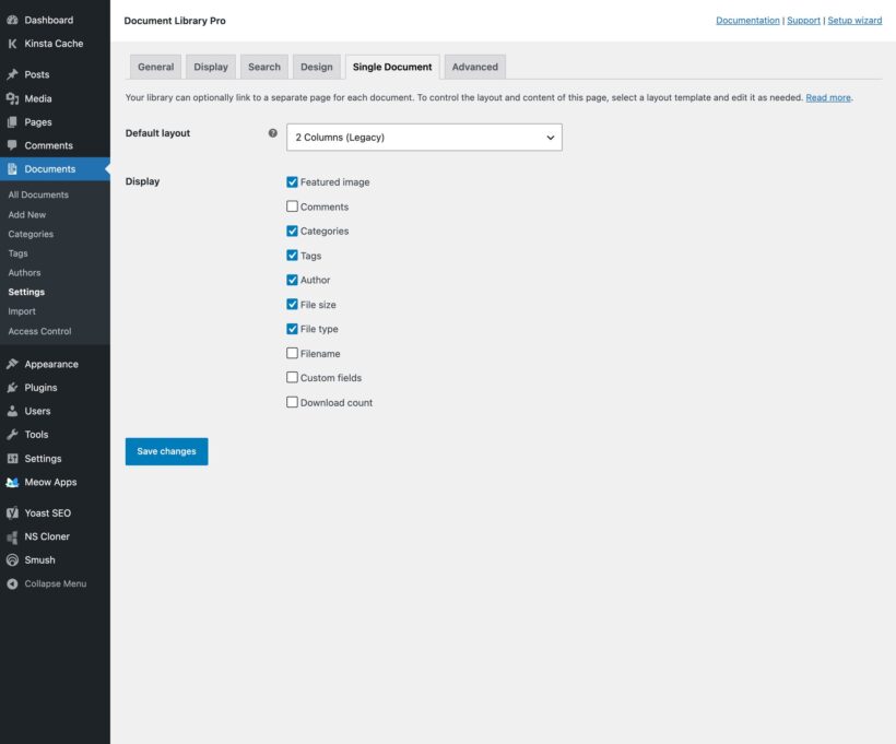 Settings page with a layout dropdown and checkboxes for document page content