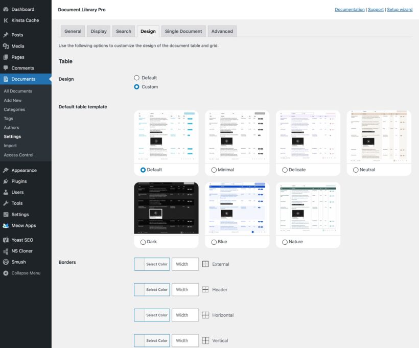 Settings page with seven table design template thumbnails and one template selected