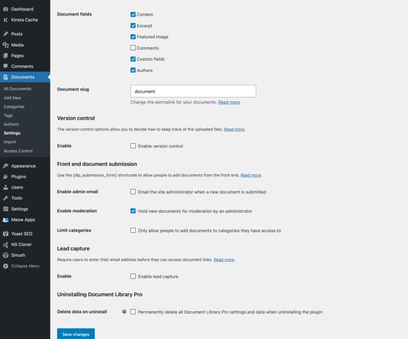 Settings page with version control, front end submission, moderation, and lead capture options