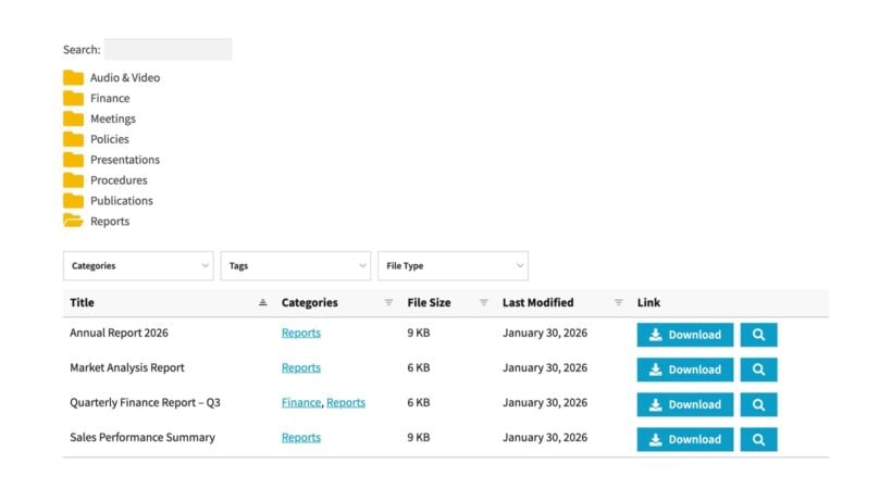 Folder tree document library with one expanded folder showing a table of the documents inside