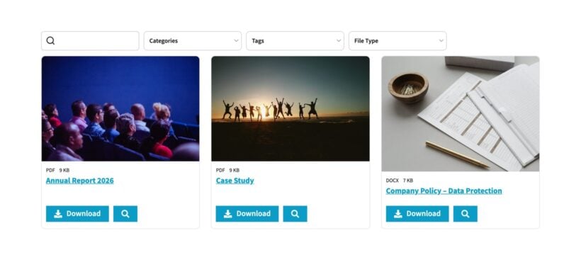 Grid document library with three photo cards showing file details, titles, download buttons and preview buttons